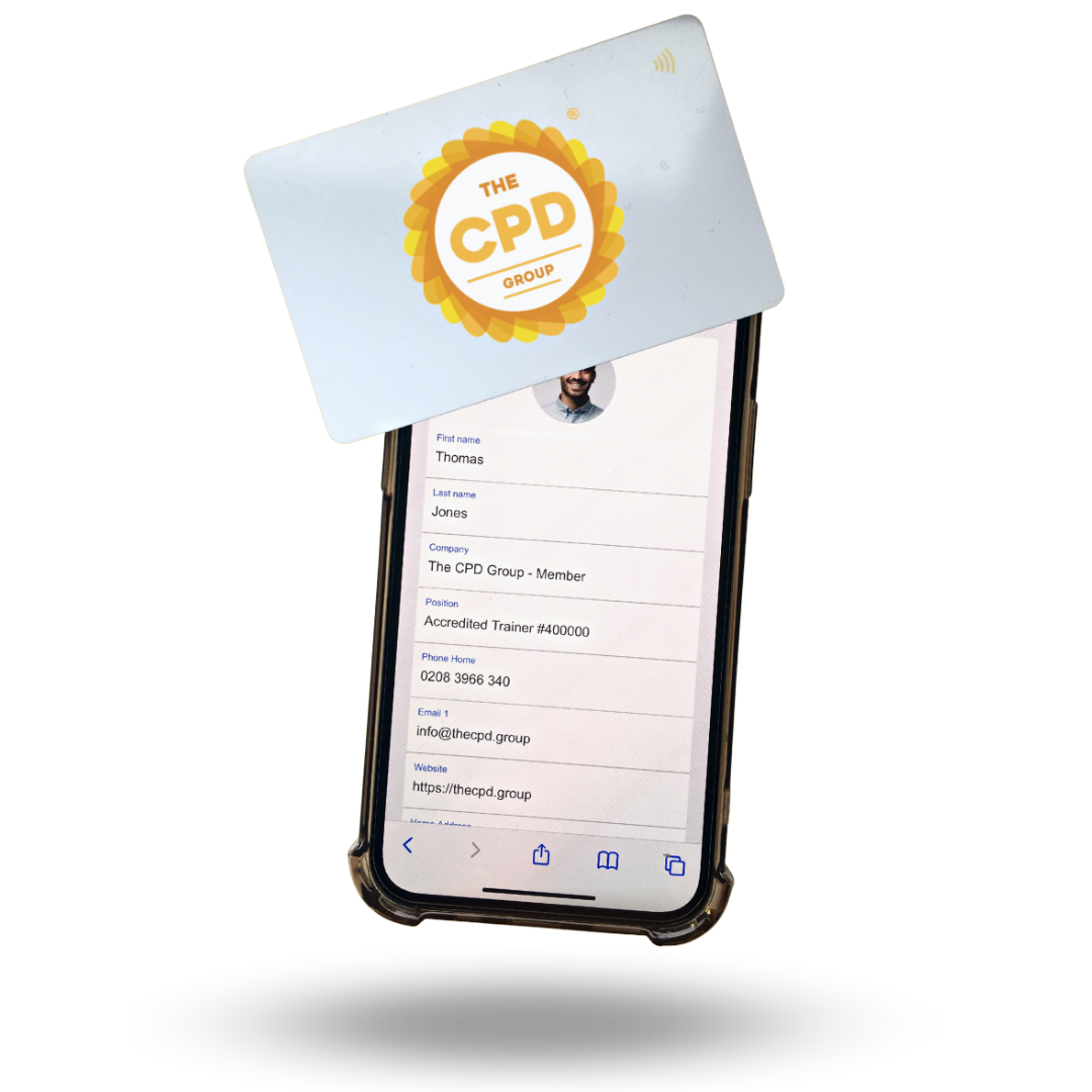 White business card with CPD Logo being held against phone to display trainer details